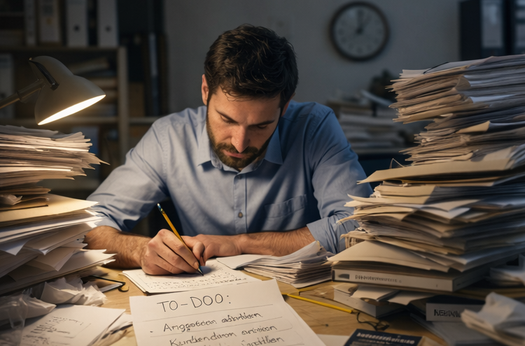 Person sitzt frustriert an einem Schreibtisch überhäuft mit Zetteln und Unterlagen