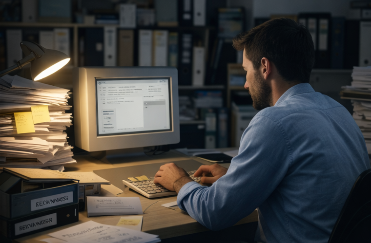 Älterer Desktop-Computer auf einem Schreibtisch umgeben von Papierstapeln