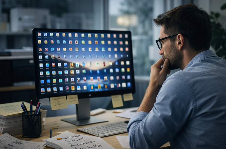 Laptop mit einem völlig überfüllten Desktop voller Dateien und Ordner